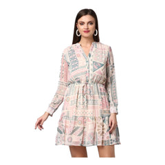 Mayawye Women's Polyester Printed Long Sleeves Above Knee Dress (Light Pink - Off White)