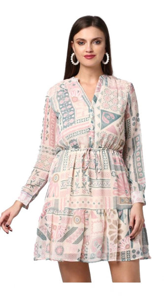 Mayawye Women's Polyester Printed Long Sleeves Above Knee Dress (Light Pink - Off White)
