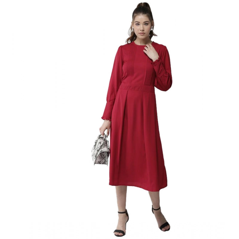 Mayawye Women's Polyester Pintuck Long Sleeves Below Knee Dress (Red)