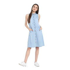 Mayawye Women's Denim Solid Sleeveless Below Knee Dress (Blue)