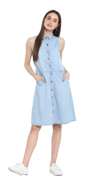Mayawye Women's Denim Solid Sleeveless Below Knee Dress (Blue)