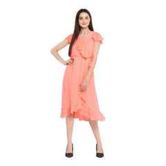 Mayawye Women's Polyester Ruffled Cap Sleeve Below Knee Dress (Neon Pink)