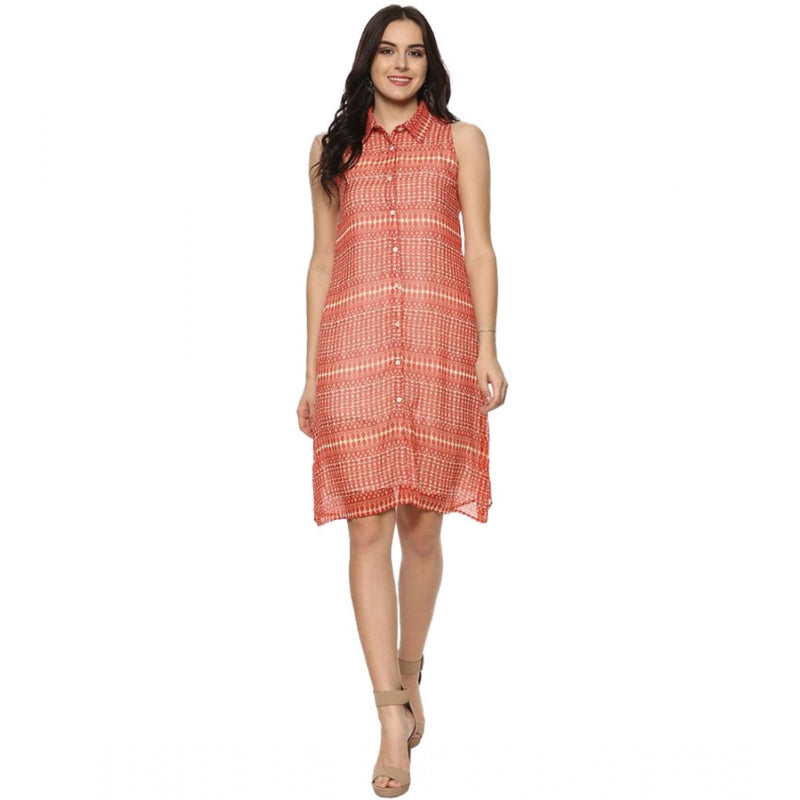 Mayawye Women's Polyester Printed Sleeveless Above Knee Dress (Orange)