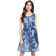 Mayawye Women's Denim Tie & Dye Sleeveless Above Knee Dress (Blue)