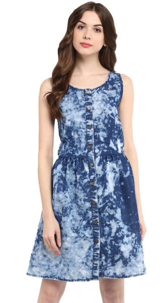 Mayawye Women's Denim Tie & Dye Sleeveless Above Knee Dress (Blue)