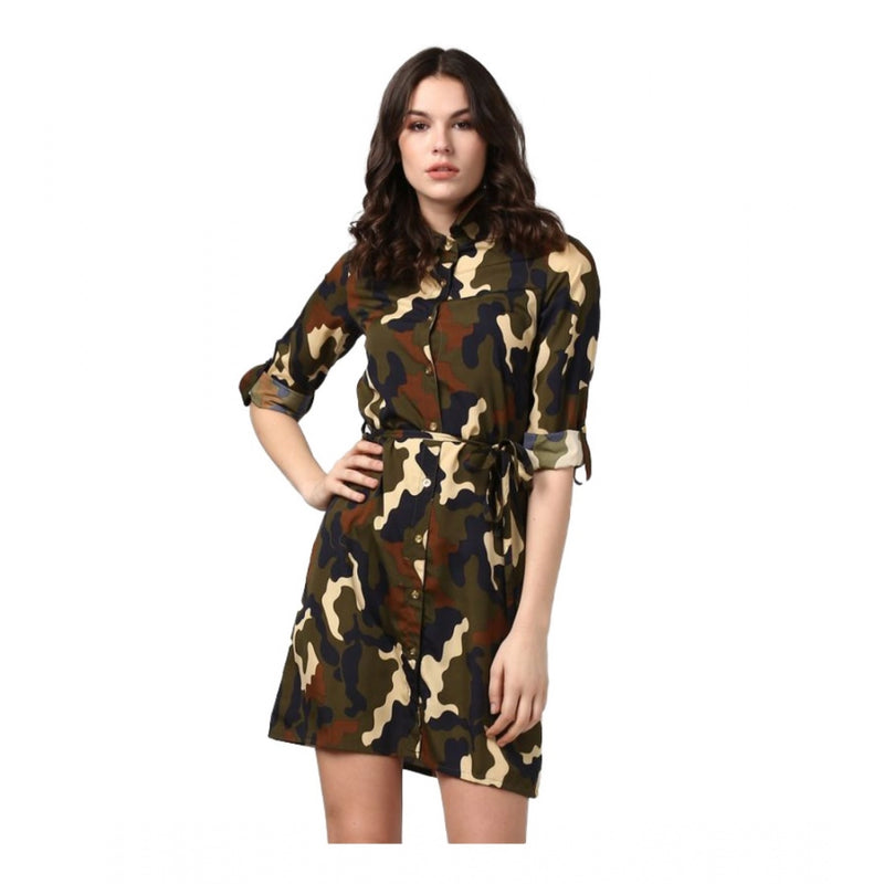 Mayawye Women's Polyester Printed Roll Up Sleeve Tunic Top (Green - Black)