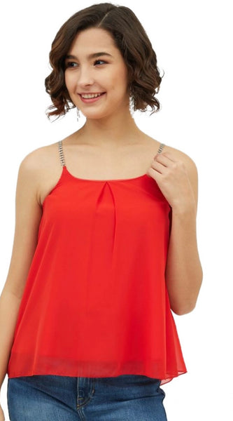 Mayawye Women's Polyester Embellished Shoulder Straps Top (Red)