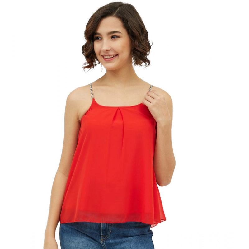 Mayawye Women's Polyester Embellished Shoulder Straps Top (Red)