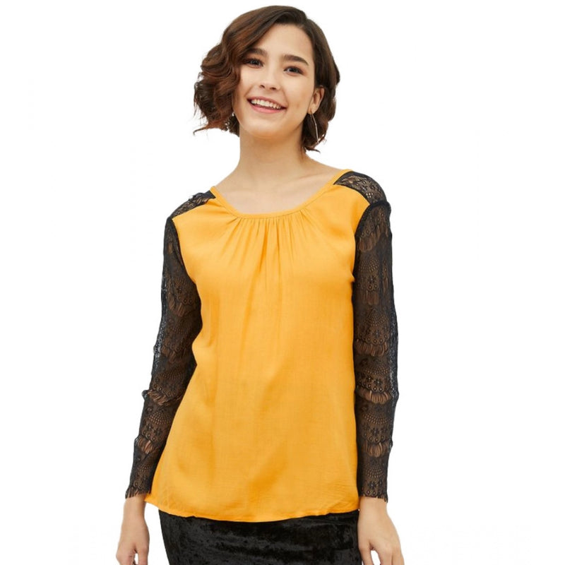 Mayawye Women's Rayon Lace Inserts Long Sleeves Top (Yellow)