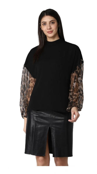 Mayawye Women's Polyester Animal Print Long Sleeves Top (Black)