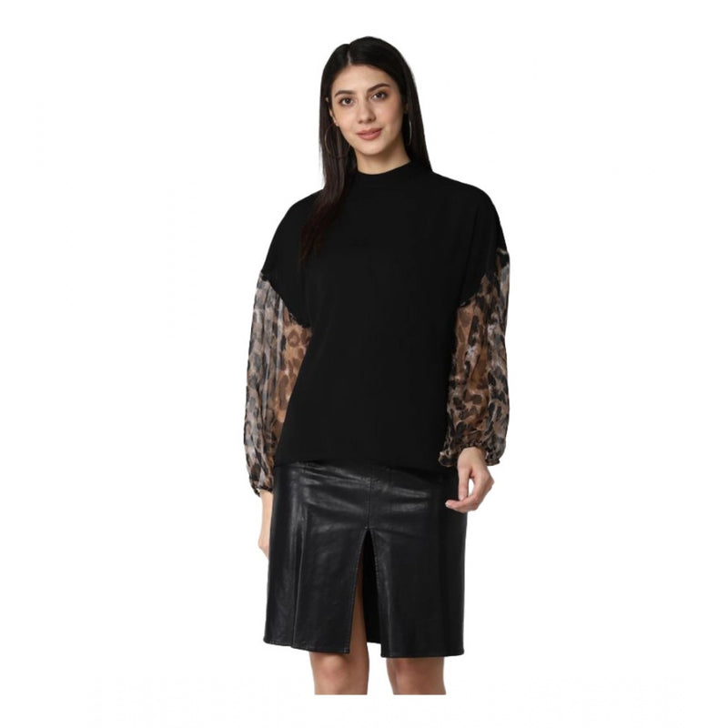 Mayawye Women's Polyester Animal Print Long Sleeves Top (Black)