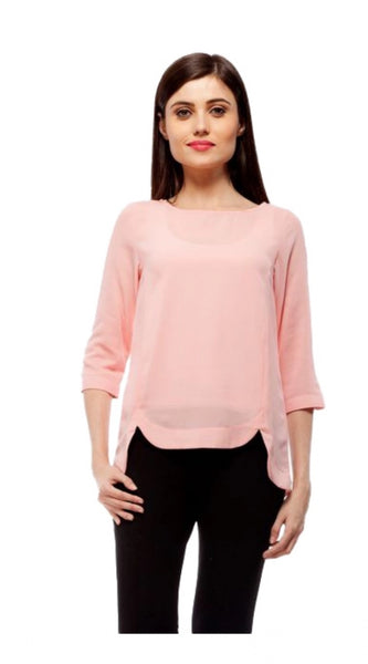 Mayawye Women's Polyester Solid 3-4th Sleeves Regular Top (Peach)