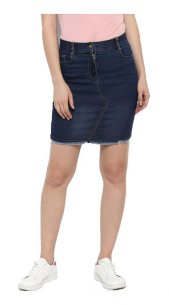 Mayawye Women's Denim Stitching Pattern Buttoned Skirt (Blue)