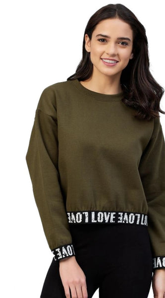 Mayawye Women's Fleece Solid Long Sleeves Sweatshirt (Olive)
