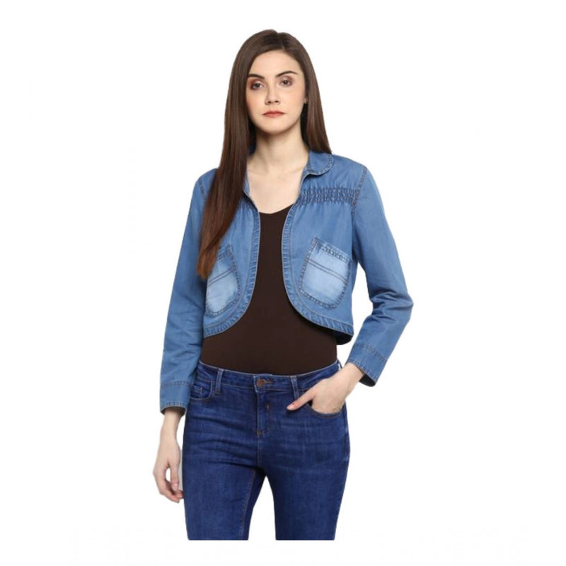 Mayawye Women's Denim Smocking 3-4th Sleeves Shrug (Blue)