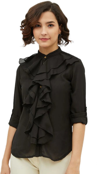 Mayawye Women's Polyester Ruffled Long Sleeves Standard Length Shirt (Black)