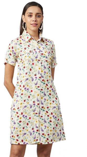 Mayawye Women's Polyester Floral Short Sleeve Above Knee Dress (Multicolor)