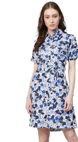 Mayawye Women's Polyester Floral Short Sleeve Above Knee Dress (Blue - White)