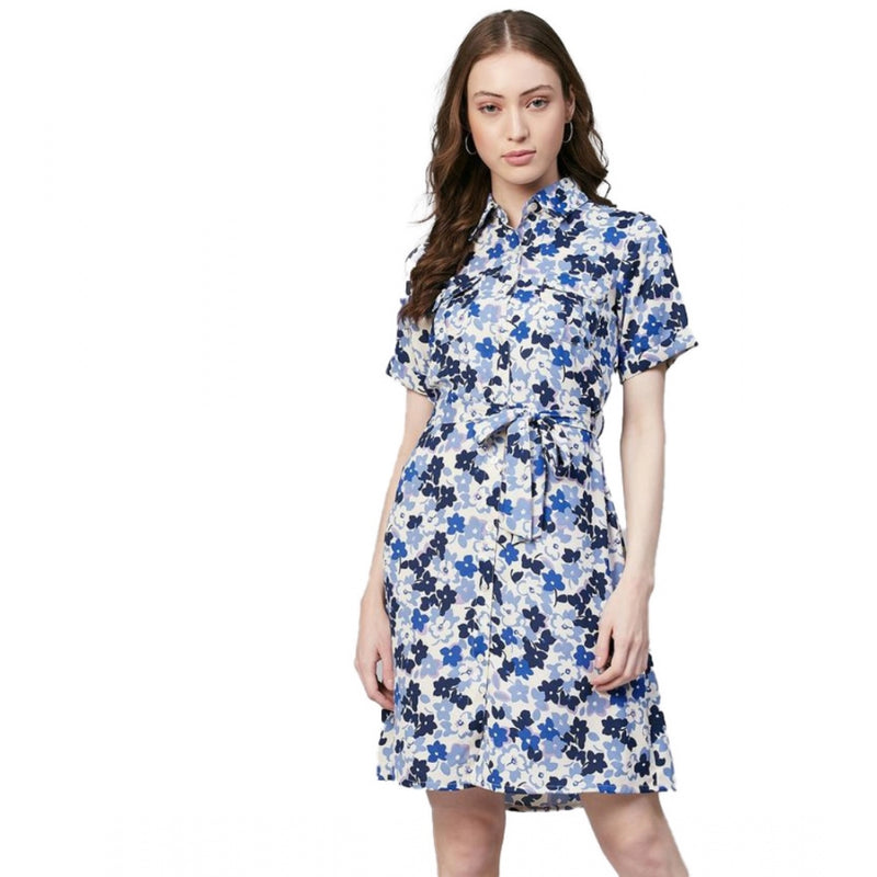 Mayawye Women's Polyester Floral Short Sleeve Above Knee Dress (Blue - White)