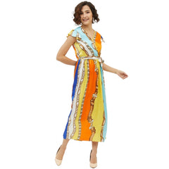 Mayawye Women's Satin Chain Print Cap Sleeve Calf-length Dress (Multicolor)