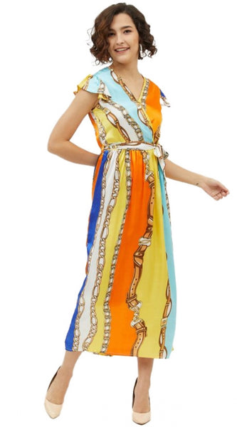 Mayawye Women's Satin Chain Print Cap Sleeve Calf-length Dress (Multicolor)