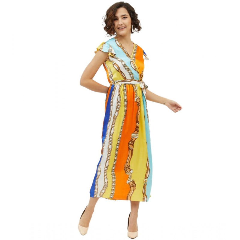 Mayawye Women's Satin Chain Print Cap Sleeve Calf-length Dress (Multicolor)