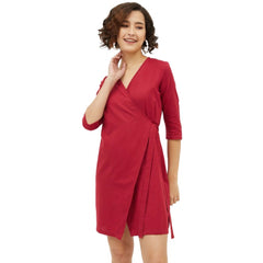 Mayawye Women's Cotton Wrap 3-4th Sleeves Above Knee Dress (Maroon)
