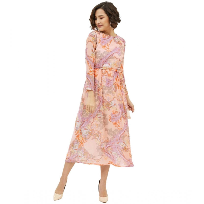 Mayawye Women's Polyester Printed Long Sleeves Calf-length Dress (Multicolor)