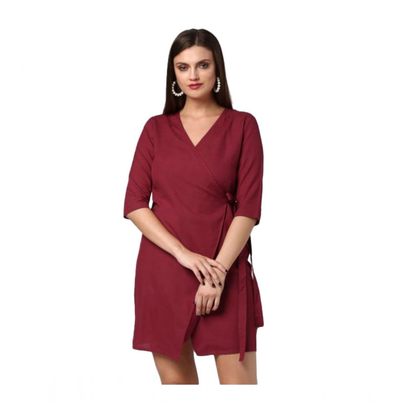 Mayawye Women's Cotton Solid 3-4th Sleeves Above Knee Dress (Maroon)