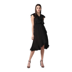 Mayawye Women's Polyester Ruffled Cap Sleeve Knee-Length Dress (Black)