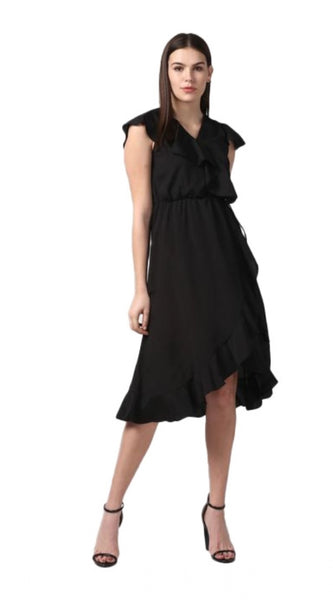 Mayawye Women's Polyester Ruffled Cap Sleeve Knee-Length Dress (Black)