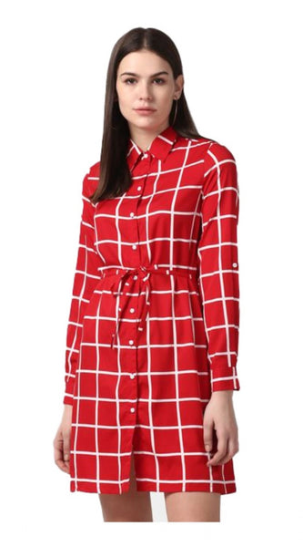 Mayawye Women's Polyester Checkered Long Sleeves Above Knee Dress (Red)