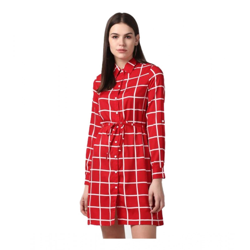 Mayawye Women's Polyester Checkered Long Sleeves Above Knee Dress (Red)