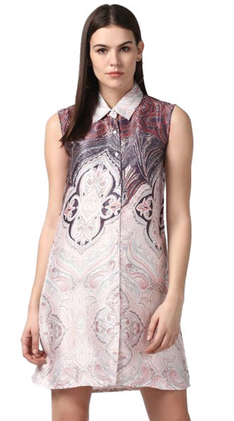 Mayawye Women's Polyester Printed Sleeveless Above Knee Dress (Orange)