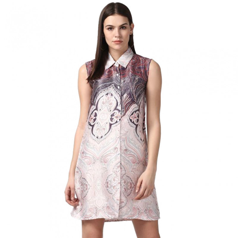 Mayawye Women's Polyester Printed Sleeveless Above Knee Dress (Orange)
