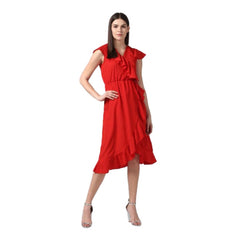 Mayawye Women's Polyester Ruffled Cap Sleeve Knee-Length Dress (Red)