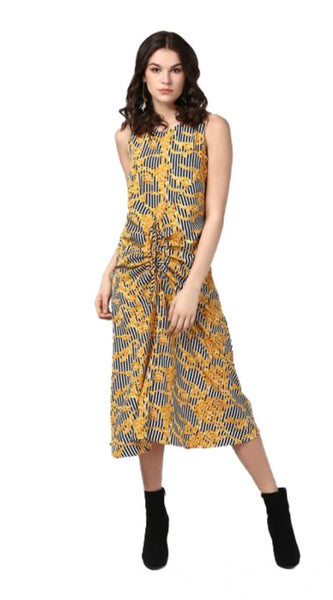 Mayawye Women's Polyester Chain Print Sleeveless Below Knee Dress (Yellow - Black)