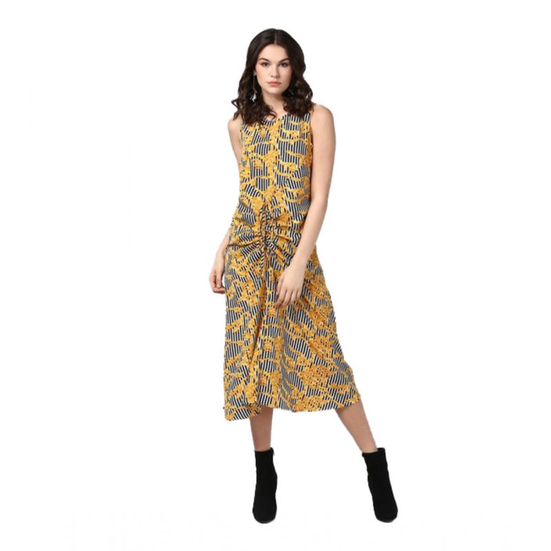 Mayawye Women's Polyester Chain Print Sleeveless Below Knee Dress (Yellow - Black)