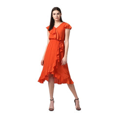 Mayawye Women's Polyester Ruffled Cap Sleeve Knee-Length Dress (Orange)