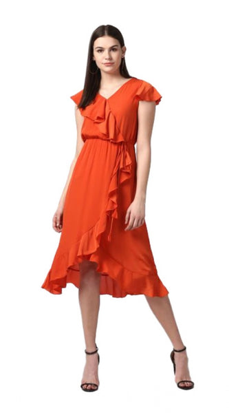 Mayawye Women's Polyester Ruffled Cap Sleeve Knee-Length Dress (Orange)