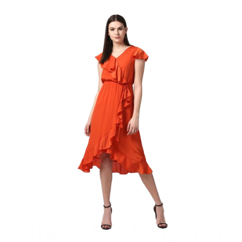 Mayawye Women's Polyester Ruffled Cap Sleeve Knee-Length Dress (Orange)