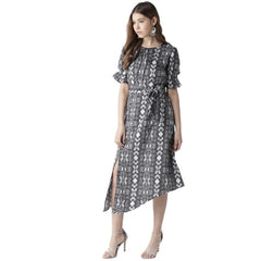 Mayawye Women's Polyester Animal Print Short Sleeve Knee-Length Dress (Black - White)