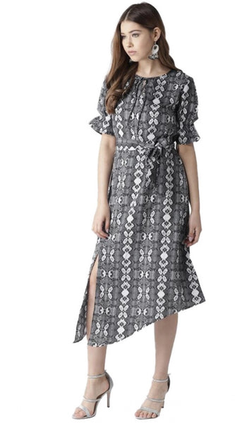 Mayawye Women's Polyester Animal Print Short Sleeve Knee-Length Dress (Black - White)