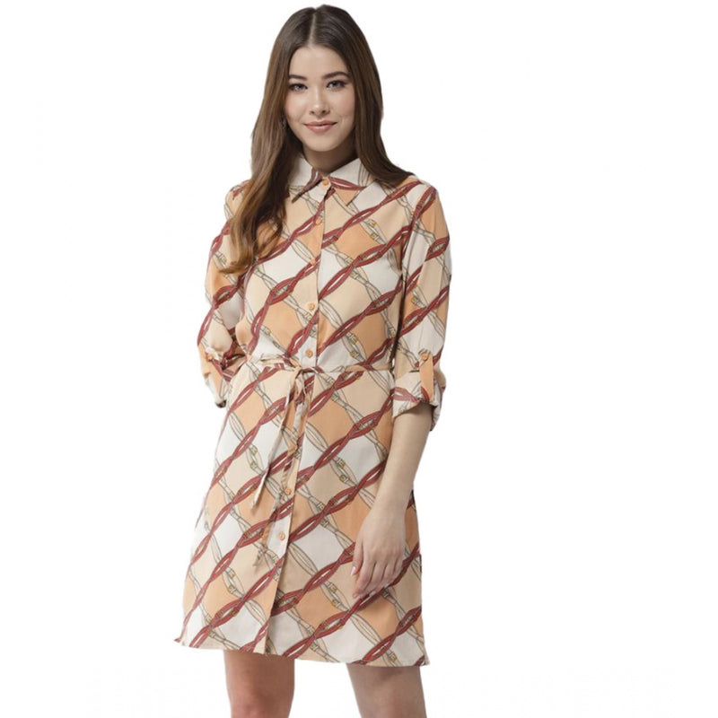 Mayawye Women's Polyester Printed Roll Up Sleeve Above Knee Dress (Off White - Brown)