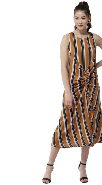 Mayawye Women's Polyester Striped Sleeveless Below Knee Dress (Mustard)