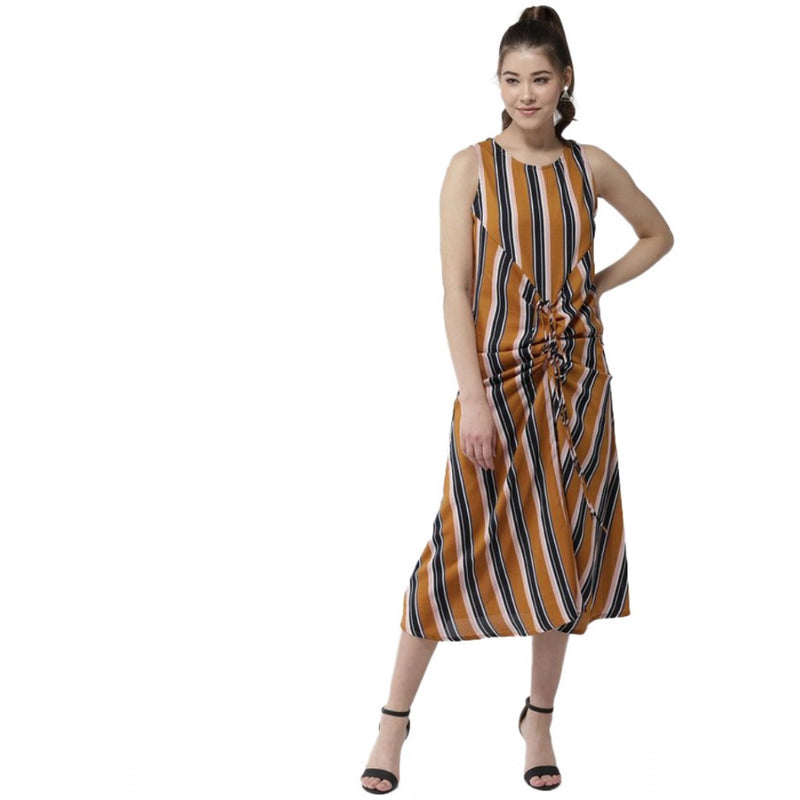 Mayawye Women's Polyester Striped Sleeveless Below Knee Dress (Mustard)