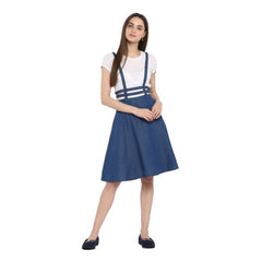 Mayawye Women's Denim Solid Shoulder Straps Below Knee Dress (Blue)