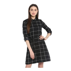 Mayawye Women's Polyester Checkered Roll Up Sleeve Above Knee Dress (Black - White)