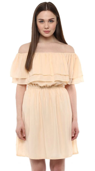 Mayawye Women's Polyester Solid Sleeveless Knee-Length Dress (Beige)