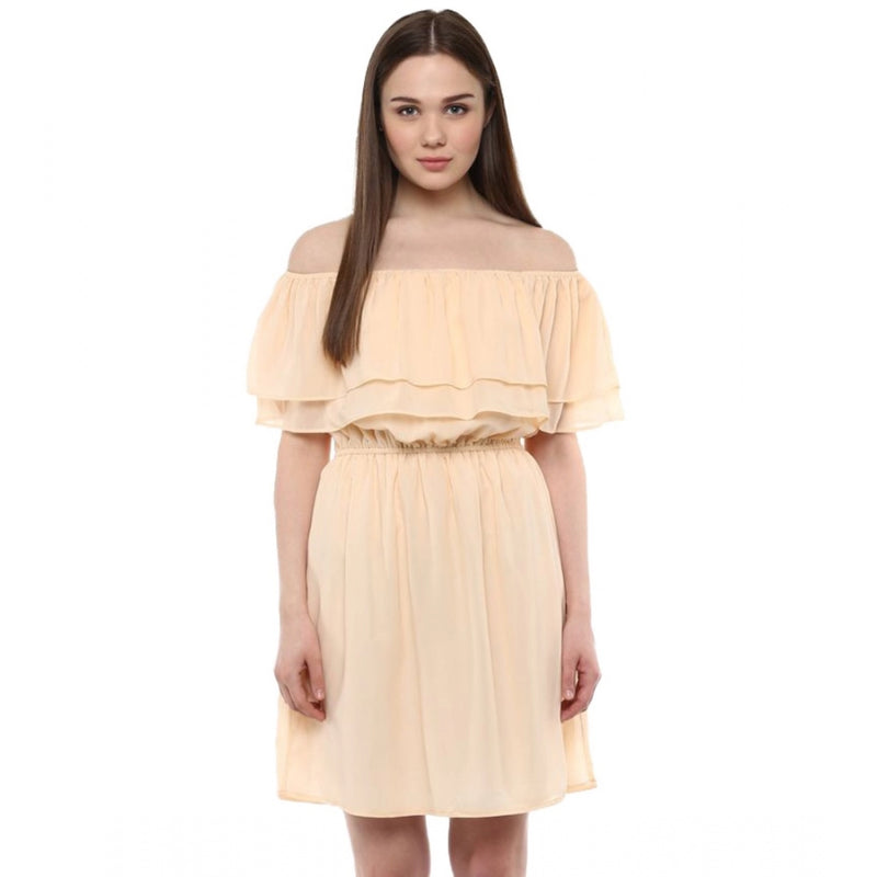 Mayawye Women's Polyester Solid Sleeveless Knee-Length Dress (Beige)